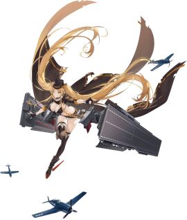 aircraft airplane azur_lane belt bikini bikini_top_only black_background black_bikini black_footwear black_gloves black_headwear black_shorts black_thighhighs blonde_hair boots breasts cape cg cleavage cowboy_hat female fingerless_gloves flight_deck floating_hair front-tie_bikini_top front-tie_top full_body gloves green_eyes hair_between_eyes hat hornet_(azur_lane) hornet_ii_(azur_lane) large_breasts long_hair looking_at_viewer machinery midriff military military_vehicle navel official_art one_eye_closed open_mouth rigging short_shorts shorts sidelocks skindentation smile solo standing standing_on_one_leg swimsuit thigh_strap thighhighs twintails very_long_hair