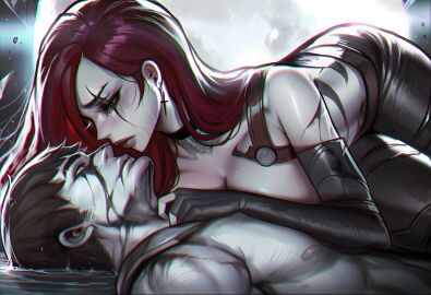 ai_art ai_assisted ai_generated aisei artistic_background artistic_nude beautiful_sadness blood_drip blood_on_face choker couple couple_(romantic) couple_love crying crying_blood death dramatic dramatic_pose forsaken garen_crownguard glass holding_head inspired_by_music_album katarina_(league_of_legends) katarina_du_couteau laying_on_back laying_on_breasts laying_on_ground league_of_legends league_of_legends:_wild_rift light sad shattered shattered_face tears