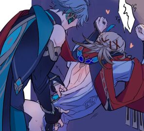 against_wall alhaitham_(genshin_impact) anal anal_sex arched_back blush doggy_style gay genshin_impact grabbing_waist grabbing_wall kaveh_(genshin_impact) male male_only moaning partially_clothed standing yaoi