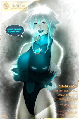2d 2d_(artwork) big_breasts blue_eyes breasts dc dc_comics description eyelashes eyeliner female finger_loop_gloves hakumonji killer_frost killer_frost_(arkham) lace_gloves louise_lincoln makeup nipples short_hair text tight_clothing white_hair