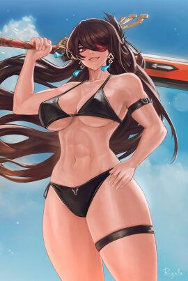 1girls abs alternate_costume arm_strap athletic athletic_female beidou_(genshin_impact) bikini black_bikini black_hair blue_sky breasts cleavage cloud collarbone earrings female female_only gatery genshin_impact getary hair_ornament hair_over_one_eye hair_stick hand_on_own_hip holding holding_weapon jewelry light-skinned_female light_skin looking_at_viewer mihoyo milf muscular muscular_female navel one_eye_covered outdoors red_eyes revealing_clothes signature smile smiling_at_viewer sole_female solo_female standing stomach swimsuit sword sword_over_shoulder tassel toned toned_female very_long_hair weapon_over_shoulder