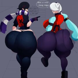 1boy 1girls ass back_view brawl_stars colette_(brawl_stars) edgar_(brawl_stars) female femboy huge_ass male senior_garabato slapping_butt thong wide_hips