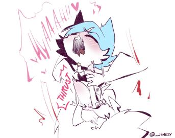 2d 2d_(artwork) belly_bulge blue_hair blush blushing_female bottomless closed_eyes collar disembodied_hand disembodied_penis felid felid_humanoid feline feline_humanoid female furry furry_female held_by_arms held_up june_(junesy) junesy male moaning moaning_in_pleasure mostly_nude mostly_nude_female open_mouth penetration penis penis_in_pussy pussy sex size_difference suprise_sex tremble_spikes vagina vaginal_penetration vaginal_sex white_background white_fur