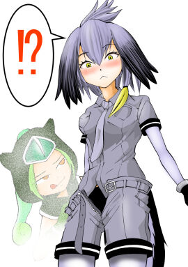 !? 10s 1629doyasa 2girls :q absurdres arms_at_sides assisted_exposure belt belt_buckle bird_tail black_gloves black_hair black_panties blonde_hair blush breast_pocket breasts buckle collared_shirt cowboy_shot female female_pervert gloves green_hair grey_hair grey_necktie grey_shirt grey_shorts hair_between_eyes half-closed_eyes highres hood hood_up invisible kemono_friends licking_lips long_hair looking_at_another low_ponytail multicolored_hair multiple_females multiple_girls necktie open_belt open_clothes open_fly open_shorts orange_eyes panther_chameleon_(kemono_friends) panties pervert pocket shirt shoebill_(kemono_friends) short_sleeves shorts side_ponytail simple_background sleeveless standing tail tongue tongue_out unbuckled underwear undressing unzipped white_background yellow_eyes young zipper