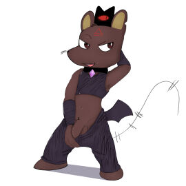 absurd_res balls bottomwear bottomwear_pull clothing clothing_pull collar cult_of_the_lamb flashing_penis foreskin genitals hand_behind_head hi_res male mammal massive_monster_(studio) murid murine pants pants_pull penis pose rat ratau_(cult_of_the_lamb) rodent shirt tapering_penis topwear twerpishimp uncircumcised