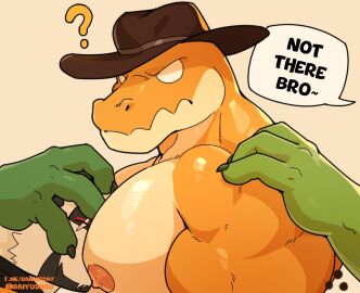 3boys anthro baiyushou bear beard black_body black_fur bulge clothed clothing crocodile crocodilian crocodylid five_nights_at_freddy's five_nights_at_freddy's:_security_breach gay genitals giant_panda glitch_productions gree green_body green_skin gummigoo_(the_amazing_digital_circus) gummy_(food) gummy_creature hat male male/male male_only mammal montgomery_gator_(fnaf) muscular muscular_male nipples panda pecs_smother reptile scalie smile smiling_at_partner the_amazing_digital_circus