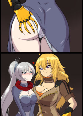 2girls 2koma 64571 6457i ass ass_focus ass_grab big_ass big_breasts blonde_hair blue_eyes blush breast_press breasts busty cleavage close-up comic duo fat_ass female female_only flustered grey_hair groping hand_on_own_hip heart highres huge_ass huge_breasts large_breasts light-skinned_female light_skin long_hair looking_pleasured multiple_females multiple_girls panties pleasure_face pleasured purple_eyes rwby side_ponytail smile tagme_(artist) underwear voluptuous weiss_schnee white_panties yang_xiao_long yuri