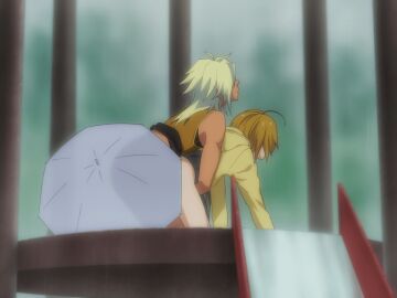 1boy animated antenna_hair bare_legs black_skirt blonde_hair charaleet_(precure) clothed_sex clothing dark-skinned_male dark_skin doggy_style female gyaruo hood hoodie hugtto!_precure kagayaki_homare male mushiro_(nijie728995) precure pretty_cure rain sex sex_from_behind shirt short_hair skirt sleeveless sleeveless_shirt umbrella yellow_hoodie