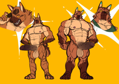 absurd_res aki_sbarkle anthro balls big_balls big_pecs big_penis black_penis brother brother_(lore) brothers_(lore) brown_body brown_fur canid canine canis domestic_dog duo eyewear fur gay genitals german_shepherd guide_lines haru_sbarkle herding_dog hi_res huge_cock lifting_glasses male mammal muscular muscular_anthro muscular_male nipples pastoral_dog pecs penis sibling_(lore) simple_background size_difference smile smiling_at_viewer smirk smirking_at_viewer sunglasses vein veiny_penis vorusuarts yellow_background
