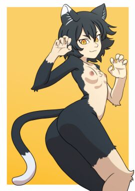 1girls areolae ass black_hair breasts cat_claws cat_ears cat_girl cat_tail catgirl completely_nude delicious_in_dungeon dungeon_meshi female flat_chest flat_chested fur izutsumi looking_at_viewer nipples nude simple_background tagme tanquito yellow_background yellow_eyes