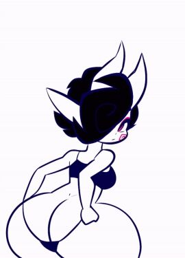 1girls amy_(jek_korpen) animated animated_gif ass black_hair bra female horns huge_ass jek_korpen presenting_hindquarters smile smug thick_thighs thong wide_hips