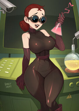 ! artist_name bare_shoulders barleyshake black_bodysuit bodysuit breasts brown_gloves commentary covered_navel covered_nipples elbow_gloves erlenmeyer_flask evil_con_carne feet_out_of_frame female flask gloves highres major_dr._ghastly medium_breasts narrow_waist open_mouth red_hair round-bottom_flask security_camera smile solo teeth the_grim_adventures_of_billy_and_mandy thick_thighs thighs tight_clothing toon_(style) upper_teeth