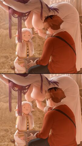 1boy 2d 2girls breasts fern_(sousou_no_frieren) frieren frieren_beyond_journey's_end hi_res highres lactation milking sousou_no_frieren stark_(sousou_no_frieren) tagme wassnonnam