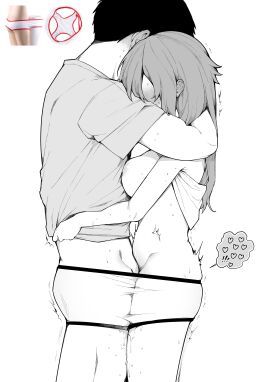 1boy 1girls absurdres blush breasts commentary_request covered_face ear_blush female greyscale groin heart highres hug large_breasts male monochrome nose_blush original reference_inset shared_panties simple_background spoken_heart standing_missionary straight sweat toru_nagase white_background