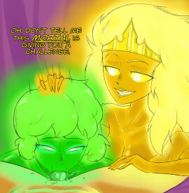 demeter demeter_(osp) female goddess golden_crown greek_mythology green_body green_eyes green_hair green_skin guided_fellatio guiding_hand hand_on_head hera_(greek_mythology) hera_(osp) incest itzal overly_sarcastic_productions sisters yellow_body yellow_eyes yellow_hair yellow_skin