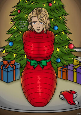 2d bondage bondage_gear bound christmas_present christmas_tree eyebrow_piercing female female_focus female_only full_color gwen_stacy gwen_stacy_(spider-verse) marvel marvel_comics mummification mummified no_penetration present randomstuff3000 shaved_side solo solo_female spider-gwen spider-man:_across_the_spider-verse spider-man:_into_the_spider-verse spider-man_(series) submissive submissive_female tagme_(artist) text