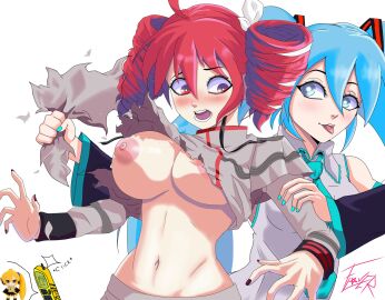 2d 2d_(artwork) 3girls ahoge akita_neru areolae belly big_breasts blue_eyes blue_hair blush breasts breasts_out curvy curvy_female curvy_figure detached_sleeves exposed_belly exposed_breasts exposed_midriff exposed_torso female female_only freckles freckles_on_breasts hair_ornament hairbow hatsune_miku huge_breasts kasane_teto kasane_teto_(sv) large_breasts nail_polish navel necktie nipples no_bra painted_nails red_nails ripped_clothing slim_waist synthesizer_v toned_stomach torn_clothes torn_clothing triple_baka_(vocaloid) twin_drills twintails utau vocaloid white_background