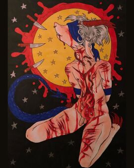 anthro arms_tied blindfold bound bovid caprine claws demon facial_piercing flaccid genitals goat gore grey_hair guts hair hi_res hybrid intestines male mammal nipples nose_piercing organs penis piercing pointed_tail septum_piercing solo wastelandsteppe wounded xander_(wastelandsteppe)