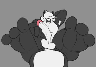 anthro armpit_hair balls black_body black_nose body_hair digital_media_(artwork) erection feet foot_focus freespot12345 fur genitals hair humanoid_feet humanoid_genitalia humanoid_penis long_penis looney_tunes male mammal mephitid muscular muscular_male nude pecs penis pitu_le_pew plantigrade simple_background skunk smile solo tail warner_brothers white_body white_fur white_hair