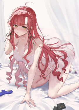ahoge all_fours ass babydoll bare_arms bare_legs bare_shoulders barefoot bed_sheet black_ribbon blunt_bangs blush braid breasts cleavage closed_mouth collarbone condom condom_wrapper crown_braid curtains drill_hair fang_qiao female foot_out_of_frame from_side glaring hair_intakes hair_ribbon hand_in_own_hair hand_up highres lace_trim large_breasts lingerie long_hair looking_at_viewer nose_blush original parted_bangs pout pussy pussy_juice_stain red_hair ribbon see-through sex_toy sidelocks solo sweat underwear v-shaped_eyebrows very_long_hair vibrator white_babydoll yellow_eyes