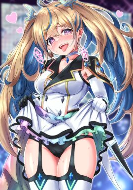 aroused beethoven heavenly_zenith_of_"senki" breasts cameltoe duel_masters female full-face_blush fully_clothed gijinka heart heavy_breathing in_heat large_breasts naughty_face panties personification pussy skirt_lift thighhighs tongue tongue_out