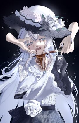 1other absurdres black_background black_gloves blood_from_eyes blood_on_knife blood_on_weapon blue_eyes censored crying death disembodied_hand dress execution female flower frilled_dress frilled_sleeves frills gloves guro hat hat_flower highres holding holding_knife holding_weapon knife long_hair long_sleeves looking_at_viewer magical_girl mahou_shoujo_no_majo_saiban mosaic_censoring ryona simple_background solo spoilers sugararu tsukishiro_yuki upper_body weapon white_dress white_flower white_hair white_hat