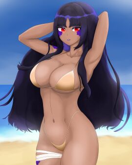 1girls 2d 2d_(artwork) ale_131 alternate_costume arms_behind_head beach belly_button big_breasts bikini bikini_bottom bikini_top black_hair bra breasts brown-skinned_female cleavage day female female_focus female_only front_view golden_bikini golden_bikini_bottom golden_bikini_top golden_bra high_resolution highres hourglass_figure latam_virtual_youtuber light-skinned_female light_skin long_hair looking_at_viewer navel naya_onuphyrus ocean outdoors purple_hair red_eyes saino_entertainment sky slim_female smiling smiling_at_viewer snake_girl solo solo_female solo_focus standing summer swimsuit thong thong_bikini two_piece_swimsuit virtual_youtuber voluptuous voluptuous_female vtuber vtuberfanart water young younger_female