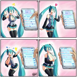1girls 4_panel_comic app ass_expansion blush body_slider breast_expansion breast_growth breast_growth_(enlargement) breast_slider breasts color comic embarrassed female feuerz hatsune_miku huge_breasts offscreen_character phone right_to_left self_upload slider slider_(control) twintails vocaloid wardrobe_malfunction