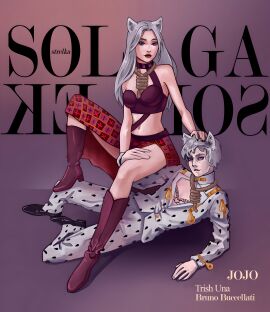 animal_ears blue_eyes breasts bruno_buccellati cat_boy cat_ears cat_girl catboy catgirl cosplay english_text female grey_hair jojo's_bizarre_adventure jojo_reference light-skinned_female light_skin magazine_cover male meme neko neko_girl noose sitting sitting_on_person solek solek_x solga strelka tagme text trish_una youtube