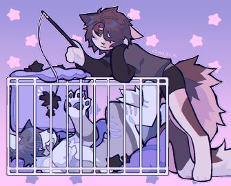 2024 anthro black_clothing black_topwear blush bondage boxer_briefs brown_body brown_fur brown_hair cage calico_cat callie_(vinqou) canid canine cat_toy clothed clothing domestic_cat duo eyebrow_piercing facial_piercing felid feline felis fox fur genitals grey_body grey_clothing grey_hair grey_topwear hair hair_over_eyes male mammal orange_body penis petplay piercing platinum_fox red_fox reina_(vinqou) roleplay scar sharp_teeth teeth topwear trans_man trans_woman transfem transmasc true_fox underwear vinqock white_body white_fur