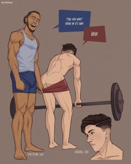 ass bara biceps big_bulge bulge clothing english_text flaccid gay male male/male male_only muscular muscular_male nuttkraken pecs penis text tight_clothing twitter_user_oc victor_(nuttkraken) yaoi