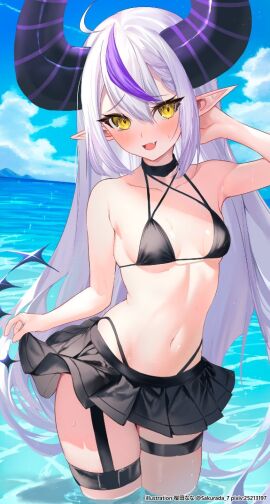 1girls 2d 2d_artwork alternate_costume belly_button bikini bikini_bottom bikini_top black_bikini black_bikini_bottom black_bikini_top black_miniskirt black_swimsuit bra breasts clouds day female female_focus female_only front_view hololive hololive_japan holox horns la+_darknesss light-skinned_female light_skin long_hair looking_at_viewer miniskirt navel ocean outdoors petite petite_body petite_female pointy_ears purple_hair revealing_clothes revealing_swimsuit sakurada sakurada_7 sky slim_female small_breasts smiling smiling_at_viewer solo solo_female solo_focus standing standing_in_water summer swim_skirt swimsuit thong thong_bikini two-tone_hair two_piece_swimsuit virtual_youtuber vtuber vtuberfanart water white_hair yellow_eyes young younger_female