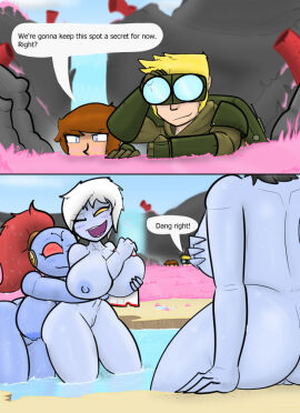 1boy 4girls alien ass astra_militarum bathing bathing_outside big_ass big_breasts binoculars black_hair blonde_hair blue_body blue_eyes blue_skin blush breasts brown_hair brunette_hair completely_nude cuddling dialogue english english_text facial_hair female female_focus groping_own_breast groping_self guardsman_(warhammer_40k) guardswoman_(warhammer_40k) hiding hugging hugging_from_behind imperial_guard imperium_of_man long_hair male military military_uniform multiple_females multiple_girls naked nude pink_grass pond red_eyes red_hair river short_hair sitting soldier speech_bubble spying tau text theprimaldino thick_thighs towel warhammer_(franchise) warhammer_40k watching watching_from_afar water water_dripping water_drop water_droplets waterfall wet wet_body white_hair wide_hips xenophilia yellow_eyes