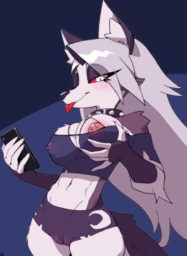 2024 5_fingers anthro anthro_only areola arm_tuft bedroom_eyes big_breasts black_body black_bottomwear black_clothing black_ears black_eyeshadow black_fingerless_gloves black_fur black_gloves black_handwear black_hotpants black_nose black_spiked_collar black_tail black_topwear blep blush bottomwear breast_tuft breasts camel_toe cameltoe canid canid_demon canine cellphone cheek_tuft clothed clothing collar demon digital_media_(artwork) elbow_tuft electronics eye_through_hair eyelashes eyelashes&through_hair eyeshadow facial_tuft female fingerless_gloves fingers fur gloves grey_body grey_fur grey_hair hair_over_eye hairrn hand_on_breast hand_on_own_breast handwear hellhound helluva_boss hi_res holding holding_breast holding_cellphone holding_object holding_phone hotpants inner_ear_fluff leg_tuft long_eyelashes long_hair looking_at_viewer loona_(helluva_boss) makeup mammal multicolored_body multicolored_ears multicolored_fur multicolored_tail mythological_canine mythological_creature mythology narrowed_eyes navel nipple_outline nipple_piercing nipples one_breast_out pawsmasher phone piercing pink_areola pink_nipples pupils pussy red_sclera red_tongue seductive shorts shoulder_tuft simple_background skindentation slit_pupils smartphone smile solo spiked_collar spikes standing tail thigh tongue tongue_out topwear translucent translucent_hair tuft white_body white_eyes white_fur white_inner_ear white_inner_ear_fluff white_tail