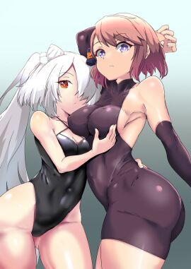 2girls armpit ass azur_lane belly_button belly_button_visible_through_clothing big_breasts breasts detached_sleeves duo edoara eyebrows_visible_through_hair female female_only hair_over_one_eye iron_blood_(azur_lane) kiev_(azur_lane) leotard light-skinned_female light_brown_hair light_skin looking_at_viewer multiple_females multiple_girls northern_parliament_(azur_lane) one-piece_swimsuit one_eye_obstructed orange_eye purple_eyes swimsuit white_hair z23_(azur_lane)