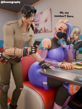 1boy 1girls 3d ass blender breasts catalyst_(fortnite) clothed dialogue doonography f/m female female_focus female_only fortnite fortnite:_battle_royale giantess lexa_(fortnite) lorenzo_(fortnite) m/f male mask masked_female og_lexa_(fortnite) restaurant sitting size_difference taller_female text watermark