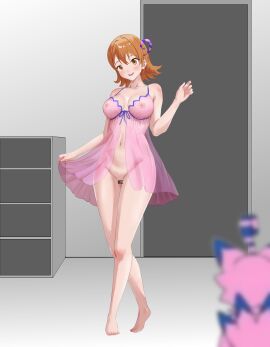 1girls babydoll barefoot biyomon biyomon_(cosplay) breasts censored digimon digimon_adventure digimon_adventure_tri. feet female hi_res highres light-skinned_female light_skin naked nipples nude nude_female omeka_gamma orange-haired_female orange_hair short_hair sora_takenouchi toei_animation