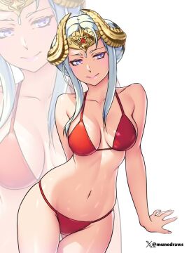 1girls anime anime_style bikini breasts butt cleavage edelgard_von_hresvelg etchimune female fire_emblem fire_emblem:_three_houses front_view horns light-skinned_female light_skin munedraws navel red_bikini shy solo solo_female solo_focus tagme white_hair