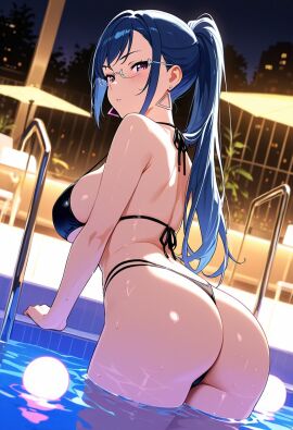 ai_generated ass bikini black_bikini blue_hair glasses hana_toujou large_breasts looking_at_viewer night on_back pale-skinned_female pale_skin partially_submerged ponytail pool purple_eyes red_lipstick umamusume umamusume_pretty_derby wet wet_body