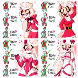 blonde_hair blush charlie_morningstar_(hazbin_hotel) christmas christmas_outfit comic_panel female hazbin_hotel ribbon ribbon_bondage strip_game the_titan_draw