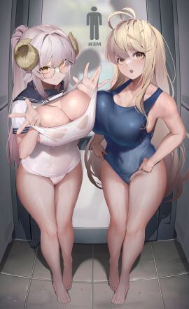 2girls :o absurd_res absurdres armpits bare_arms bare_legs bare_shoulders bare_skin bare_thighs barefoot belly_button blonde-haired_female blonde_female blonde_hair blue_swimsuit blue_swimwear blush blush_lines blushing_female breasts brown-eyed_female brown_eyes brown_horns character_request cleavage collarbone copyright_request dot_nose elbows feet female female_focus female_only fingers full_body glasses groin head_tilt high_resolution highres horns hourglass_figure knees large_breasts legs light-skinned_female light_skin long_hair looking_at_viewer multiple_females multiple_girls naked naked_female navel nine_(kanine41) nude nude_female open_mouth ponytail pussy school_uniform schoolgirl schoolgirl_uniform shoulders slender_body slender_waist slim_female slim_waist standing swimsuit swimsuit_pull swimwear thick_thighs thighs thin_waist tilted_head toes v-line wet wet_bikini wet_body wet_breasts wet_face wet_hair wet_legs wet_pussy wet_skin wet_thighs white-haired_female white_hair white_swimsuit white_swimwear wide_hips yellow-eyed_female yellow_eyes