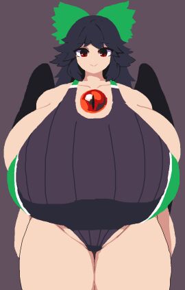 big_breasts black_hair breasts female female_only gigantic_breasts hair huge_breasts medium_hair one_piece_swimsuit red_eyes simple_background smile takorin thick_thighs touhou utsuho_reiuji wide_hips wings