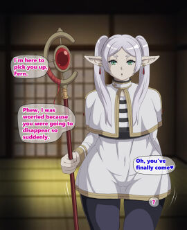 1girls before_transformation clothed dress earrings elf elf_ears elf_female elf_girl english english_text female female_only frieren frieren_beyond_journey's_end green_eyes magic magic_user magic_wand panties panties_under_dress ponytail rescue soft_skin solo solo_female sousou_no_frieren suamado text text_bubble thick_hips thick_thighs tight_clothes transformation trap_(disambiguation) tunic white_hair white_skin