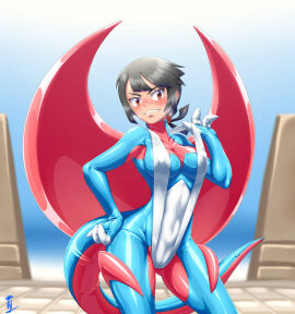 1girls black_hair bodysuit breasts cosplay fake_tail fake_wings female large_breasts latex_bodysuit looking_at_viewer mega_salamence mega_salamence_(cosplay) nintendo pokemon pokemon_(cosplay) pokemon_oras red_eyes salamence salamence_(cosplay) short_hair sinrin8210 tail wings zinnia_(pokemon)