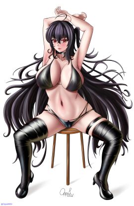 1girls armpits arms_up artist_signature azur_lane big_breasts bikini black_bikini black_bra black_choker black_hair black_legwear black_panties blush breasts breasts_bigger_than_head choker female female_focus female_only highres huge_breasts light-skinned_female light_skin long_eyelashes long_hair looking_at_viewer oppal6669 race_queen red_eyes red_lipstick sakura_empire_(azur_lane) simple_background sitting sitting_on_chair smile smiling_at_viewer solo taihou_(azur_lane) taihou_(enraptured_companion)_(azur_lane) thick_thighs thighs tummy white_background wide_hips