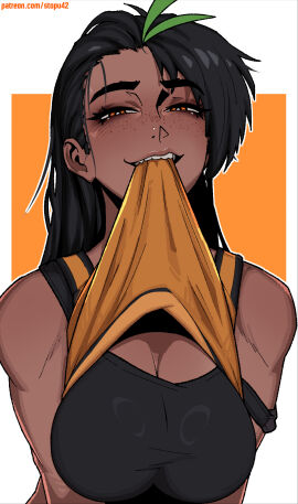 1girls breasts dark-skinned_female dark_skin female female_only freckles green_hair large_breasts looking_at_viewer nemona_(pokemon) pokemon pokemon_sv shirt_in_mouth shirt_up smile stopu straight_hair two-tone_hair