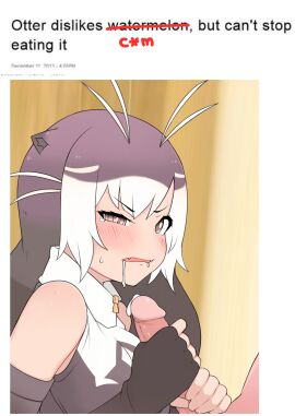 1boy absurdres after_fellatio animal_ears blush breasts brown_eyes brown_gloves brown_hair captain_(kemono_friends) collared_shirt commentary cum cum_in_mouth disgust english_commentary english_text fangs female fingerless_gloves giant_otter_(kemono_friends) gloves hair_between_eyes handjob highres kemono_friends kemono_friends_3 long_hair looking_at_viewer male medium_bangs medium_breasts ollie_(ollie_stratos) open_mouth otter_ears otter_girl penis photo-referenced shirt sleeveless sleeveless_shirt smile solo_focus straight two-handed_handjob upper_body white_hair white_shirt