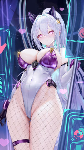 1girls age_fx azur_lane breasts eagle_union_(azur_lane) fake_animal_ears fake_cat_ears female female_only fishnet huge_breasts kearsarge_(all-night_charge)_(azur_lane) kearsarge_(azur_lane) light-skinned_female light_skin long_hair purple_eyes thick_thighs white_hair