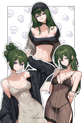1girls alternate_costume arms_behind_back bare_shoulders baseball_cap black_choker black_hat black_jacket black_nightgown black_panties black_shirt breasts choker closed_mouth commentary cowboy_shot crop_top crossed_bangs double-parted_bangs dress english_commentary female green_hair grey_choker grey_dress hair_between_eyes hand_up hat highleg highleg_panties highres inhoso instagram_logo jacket jewelry lingerie long_hair long_sleeves looking_at_viewer medium_breasts multiple_views necklace nightgown off_shoulder open_clothes open_jacket outline panties parted_lips patreon_logo pendant purple_eyes see-through_clothes shiny_skin shirt sleepwear sleeveless sleeveless_dress sleeves_past_wrists smile sousou_no_frieren spaghetti_strap standing string_panties sweat teeth twitter_logo ubel_(sousou_no_frieren) underwear white_outline
