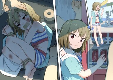 2boys 2girls 3_panel_comic abducted abuse assault background background_character bare_arms bare_legs bare_midriff bare_shoulders barefoot beach beaten beaten_up belly belly_button bondage bottomwear bound_ankles bound_wrists breasts brown_hair bruise bruise_on_face bruised bruised_leg bruised_stomach bruises captured cleavage comic container crop_top crying crying_with_eyes_open day daytime degradation empty_eyes female female_focus femsub forced_submission gag gagged hand_on_another's_head headpat helpless highres hoodie idolmaster idolmaster_million_live! in_container injured injury kidnapped kidnapping laying_down laying_on_side light-skinned_female light-skinned_male light_skin male maledom midriff nagayoshi_subaru navel offscreen_character offscreen_male outdoors panels partially_clothed pattern_clothing pink_eyes removing_clothing rope rope_bondage rope_marks ryona sad sand sandals scared sea seaside shadow short_hair small_breasts stomach striped striped_clothing stripes suffering surprised surrounded sweat swimsuit swimwear tape tape_gag taped_mouth tears teenage_female tied_up topless_male topwear unseen_character unseen_male_face vending_machine violence walkalone